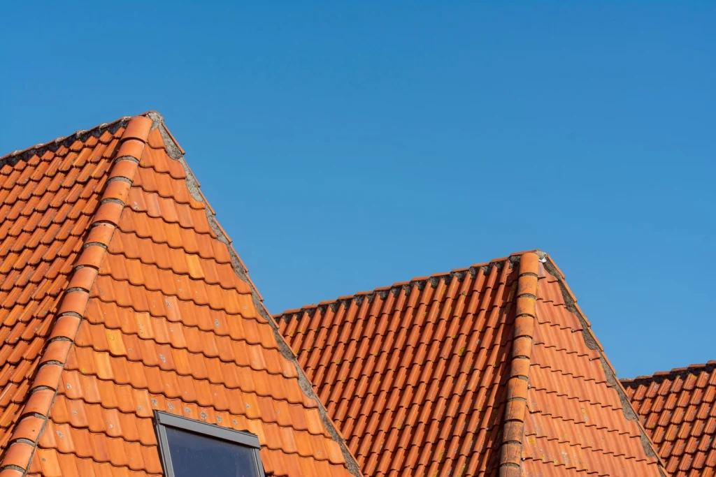 Inspecter sa toiture : tuiles rouges vues depuis le sol